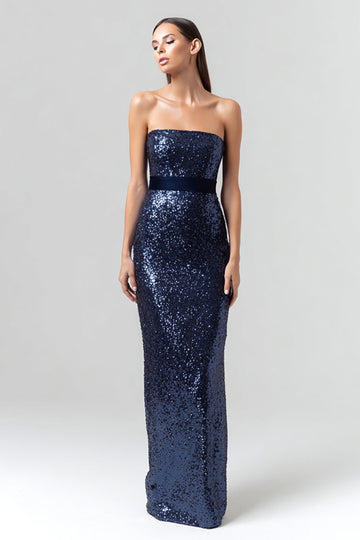 Strapless Sheath Sequin Navy Evening Dress